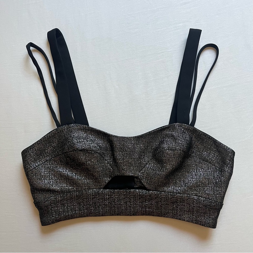 JONATHAN SIMKHAI black silver metallic‎ glitter cutout strappy tank crop top